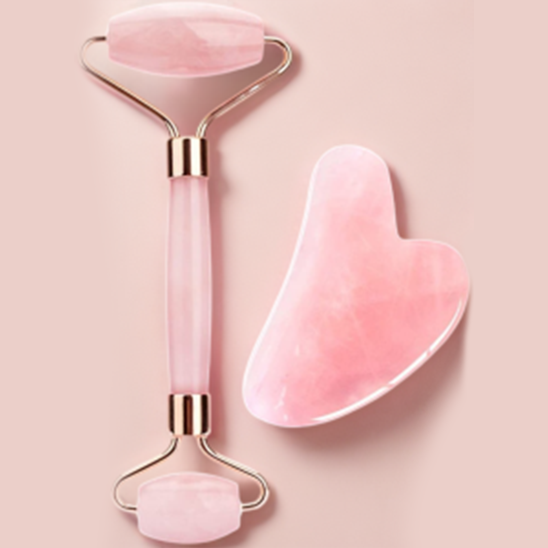 Rose quartz gua sha and face roller (Combo) (Qt:- 1 Roller| 1 Gua Sha)